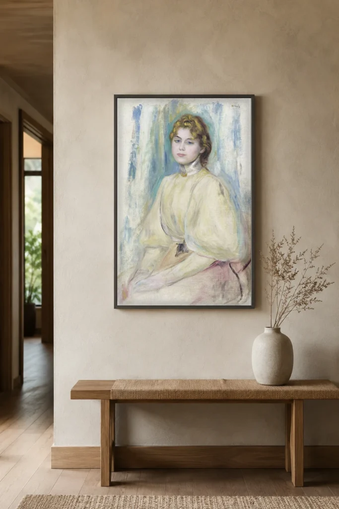 Framed print of Portrait de Mademoiselle Yvonne Lerolle hanging on a wall in a furnished room