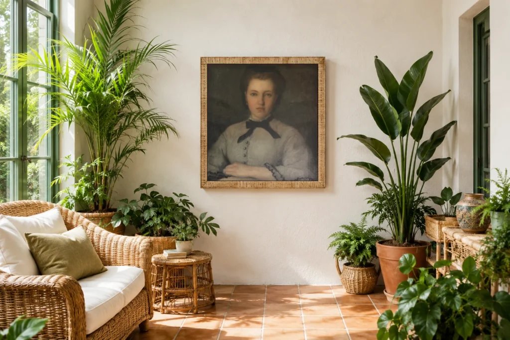 Framed print of Portrait de Marie-Zélie Laporte hanging on a wall in a furnished room