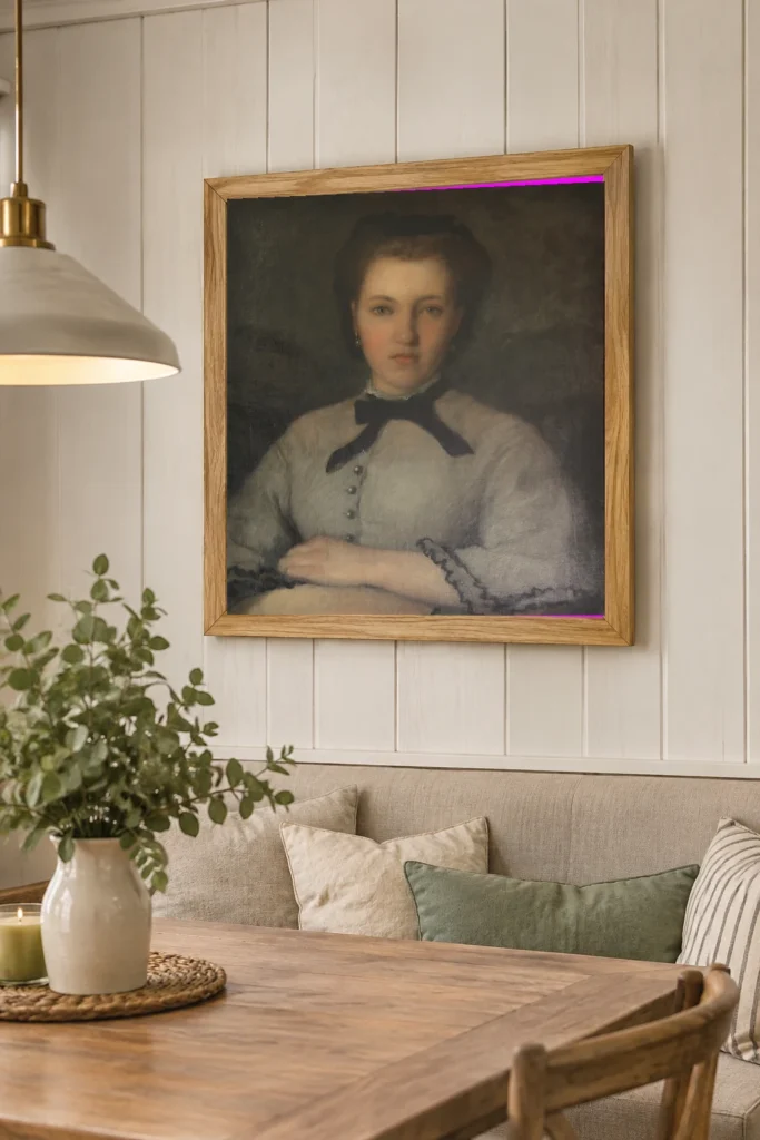 Framed print of Portrait de Marie-Zélie Laporte hanging on a wall in a furnished room