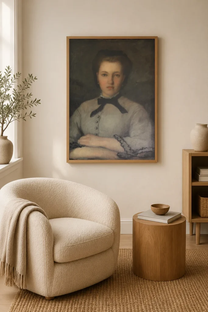 Framed print of Portrait de Marie-Zélie Laporte hanging on a wall in a furnished room