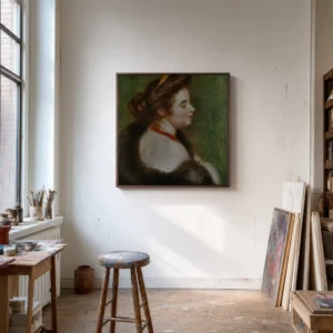 Framed print of Portrait of Marthe Denis hanging on a wall in a furnished room