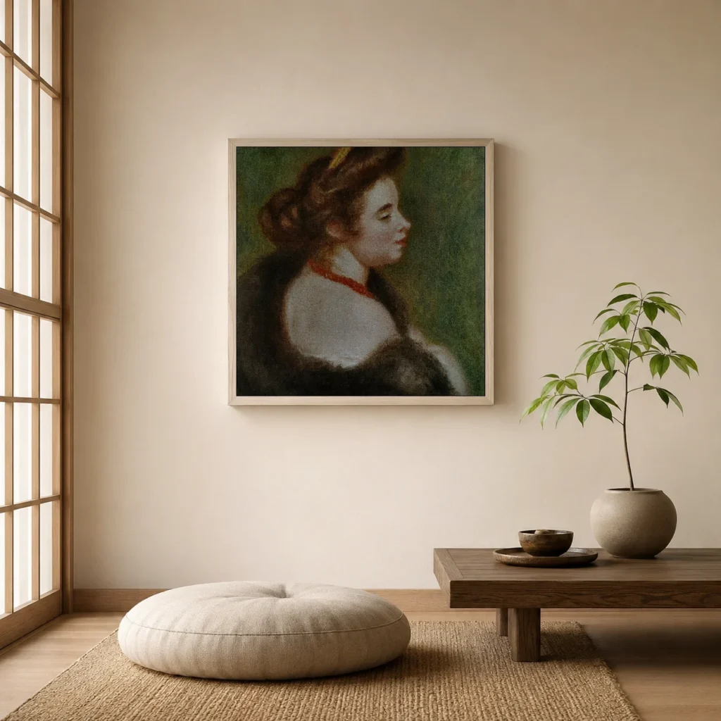 Framed print of Portrait of Marthe Denis hanging on a wall in a furnished room
