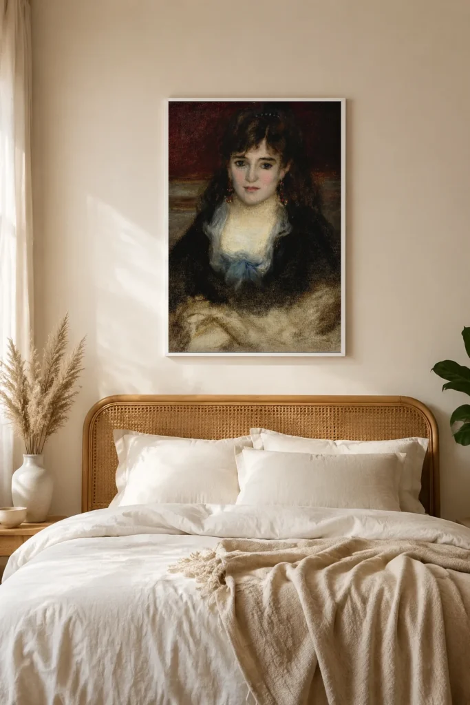 Framed print of Portrait of Nini hanging on a wall in a furnished room