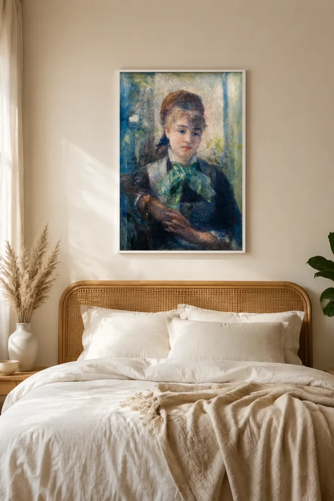 Framed print of Portrait of Nini Lopez hanging on a wall in a furnished room