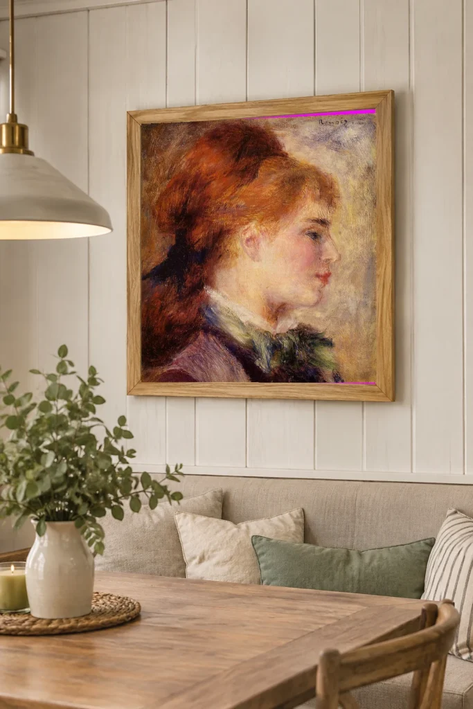 Framed print of Portrait of Nini Lopez (Blond Profile) hanging on a wall in a furnished room