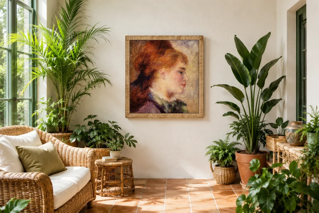 Framed print of Portrait of Nini Lopez (Blond Profile) hanging on a wall in a furnished room