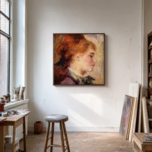 Framed print of Portrait of Nini Lopez (Blond Profile) hanging on a wall in a furnished room
