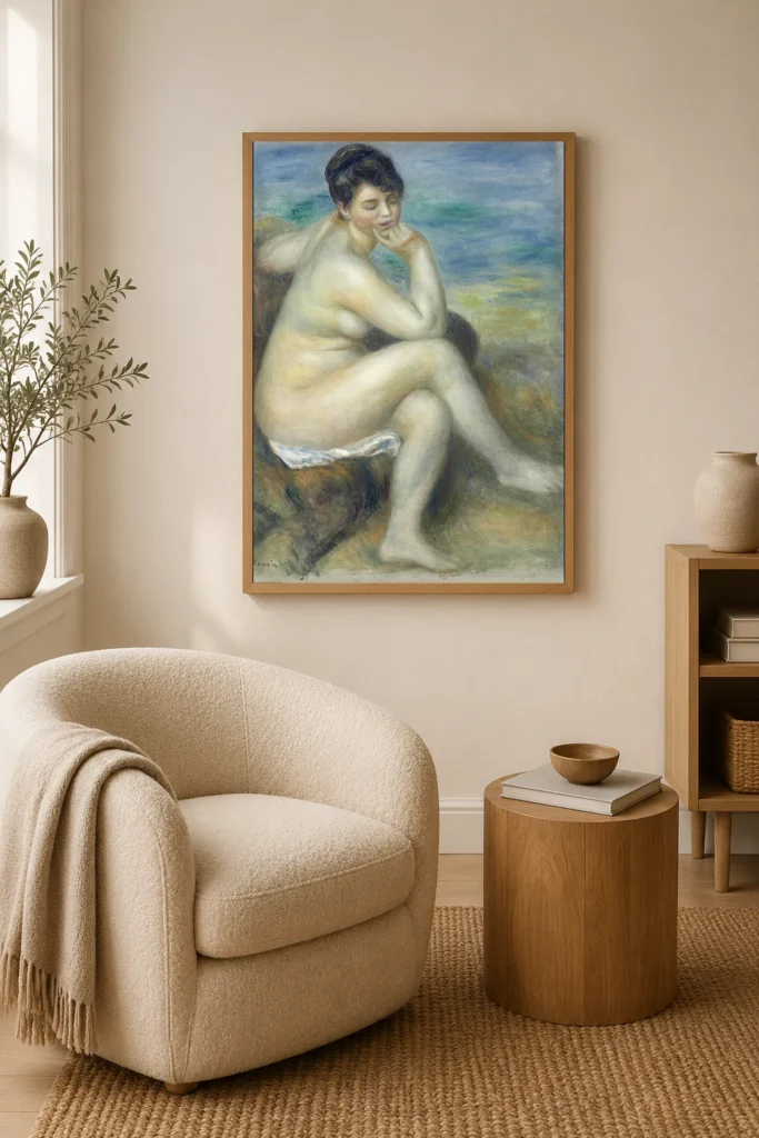 Framed print of Bather Leaning on Her Elbow hanging on a wall in a furnished room