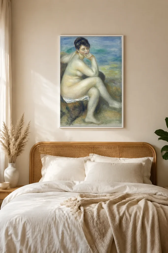 Framed print of Bather Leaning on Her Elbow hanging on a wall in a furnished room