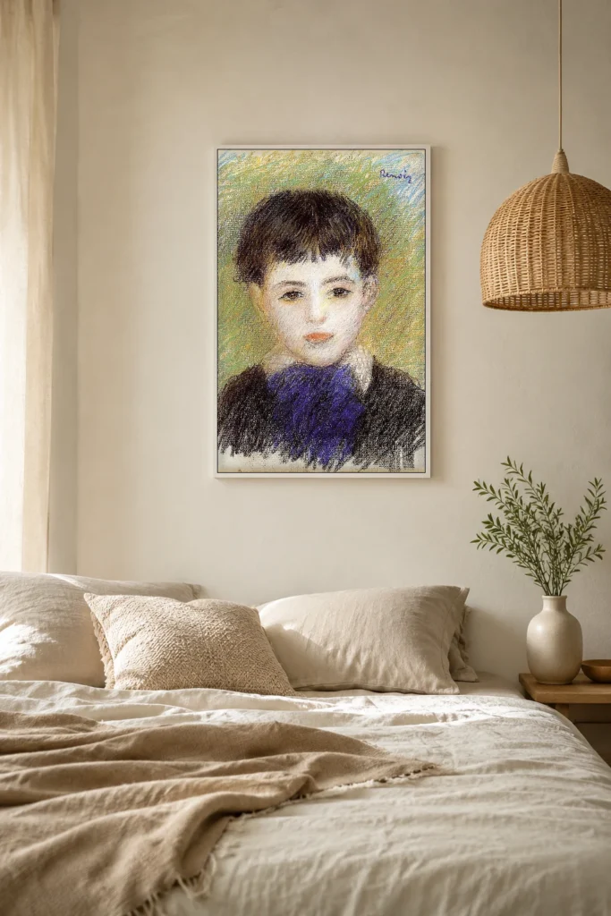 Framed print of Portrait of Pierre hanging on a wall in a furnished room