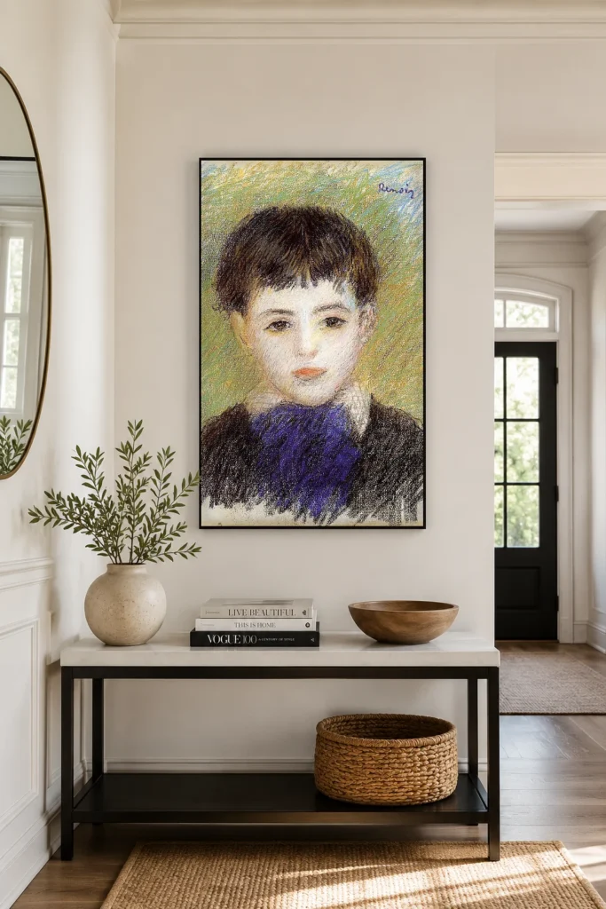 Framed print of Portrait of Pierre hanging on a wall in a furnished room