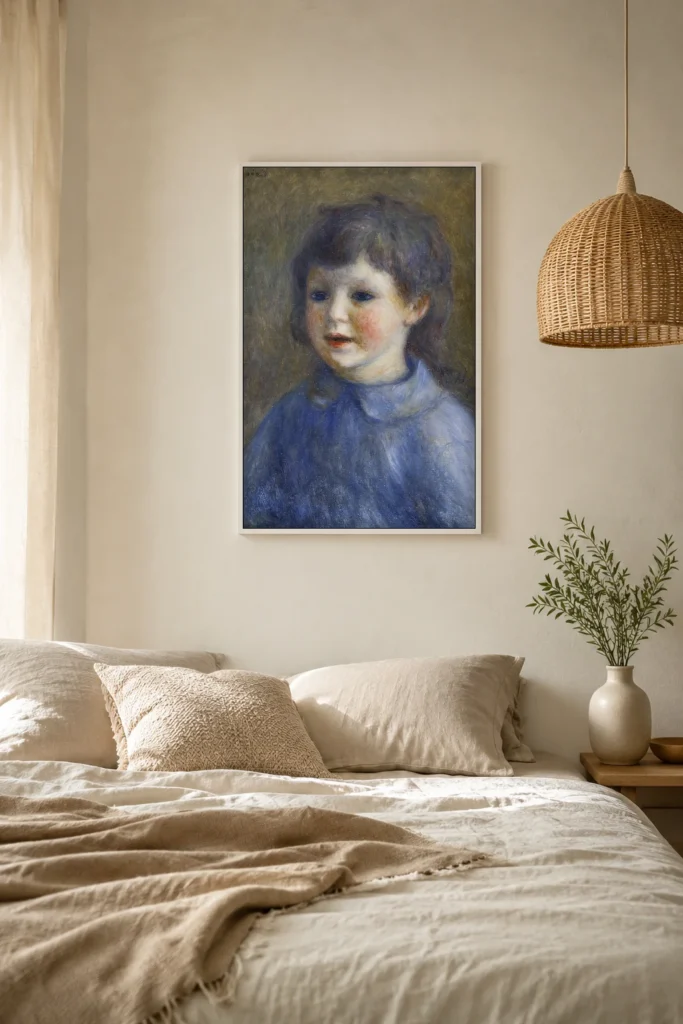 Framed print of Portrait of Pierre Renoir hanging on a wall in a furnished room