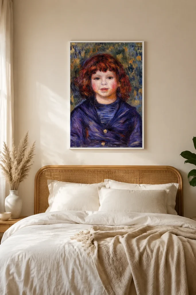 Framed print of Portrait of Pierre Renoir in a Sailor Suit, Facing Front hanging on a wall in a furnished room