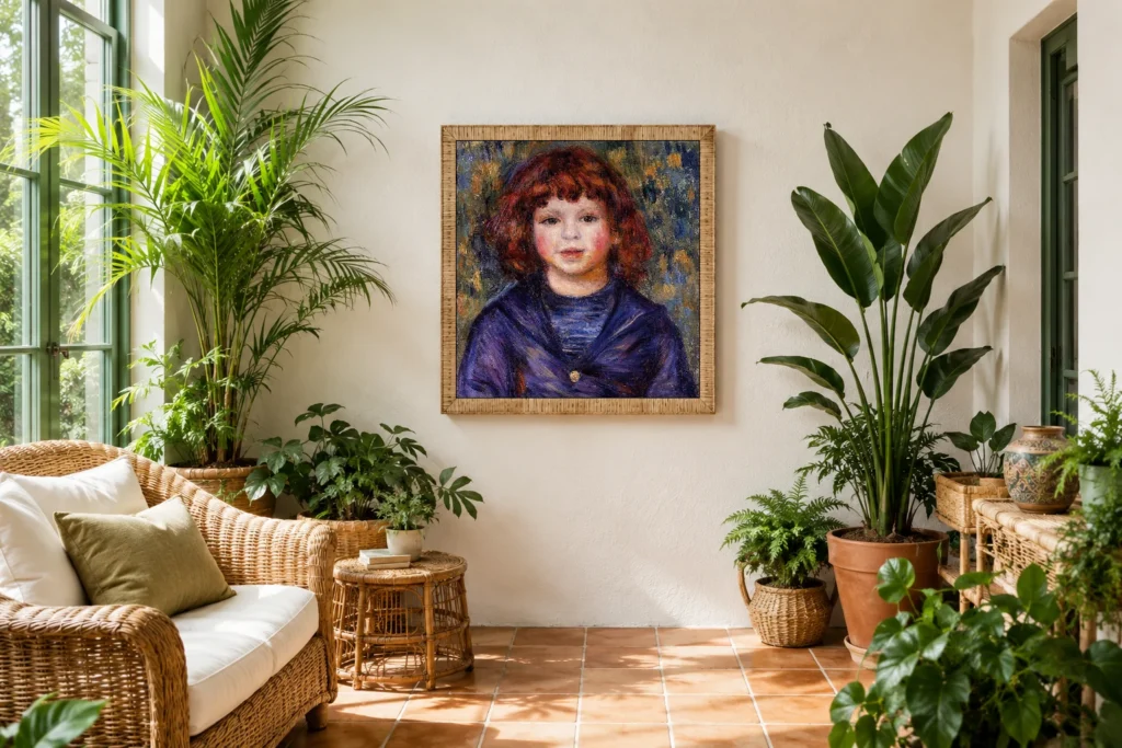Framed print of Portrait of Pierre Renoir in a Sailor Suit, Facing Front hanging on a wall in a furnished room