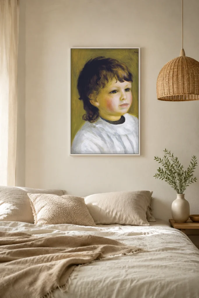 Framed print of Portrait of Pierre Renoir, Green-Yellow Background hanging on a wall in a furnished room