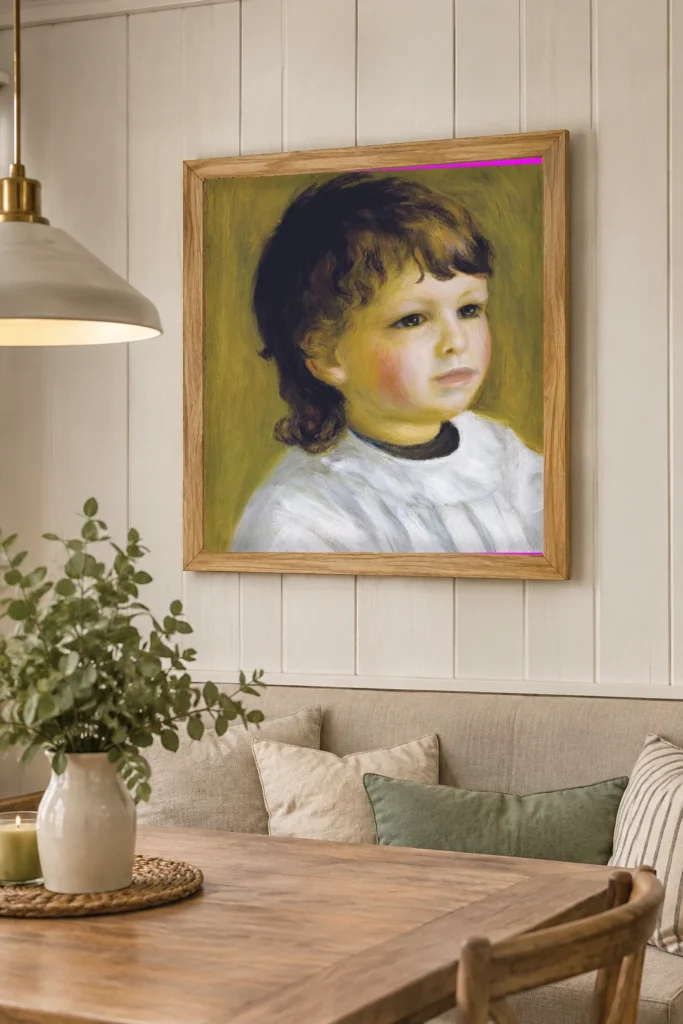 Framed print of Portrait of Pierre Renoir, Green-Yellow Background hanging on a wall in a furnished room