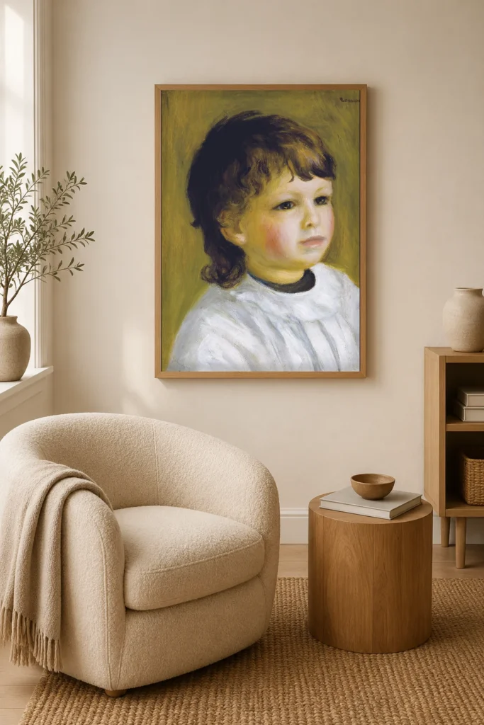 Framed print of Portrait of Pierre Renoir, Green-Yellow Background hanging on a wall in a furnished room