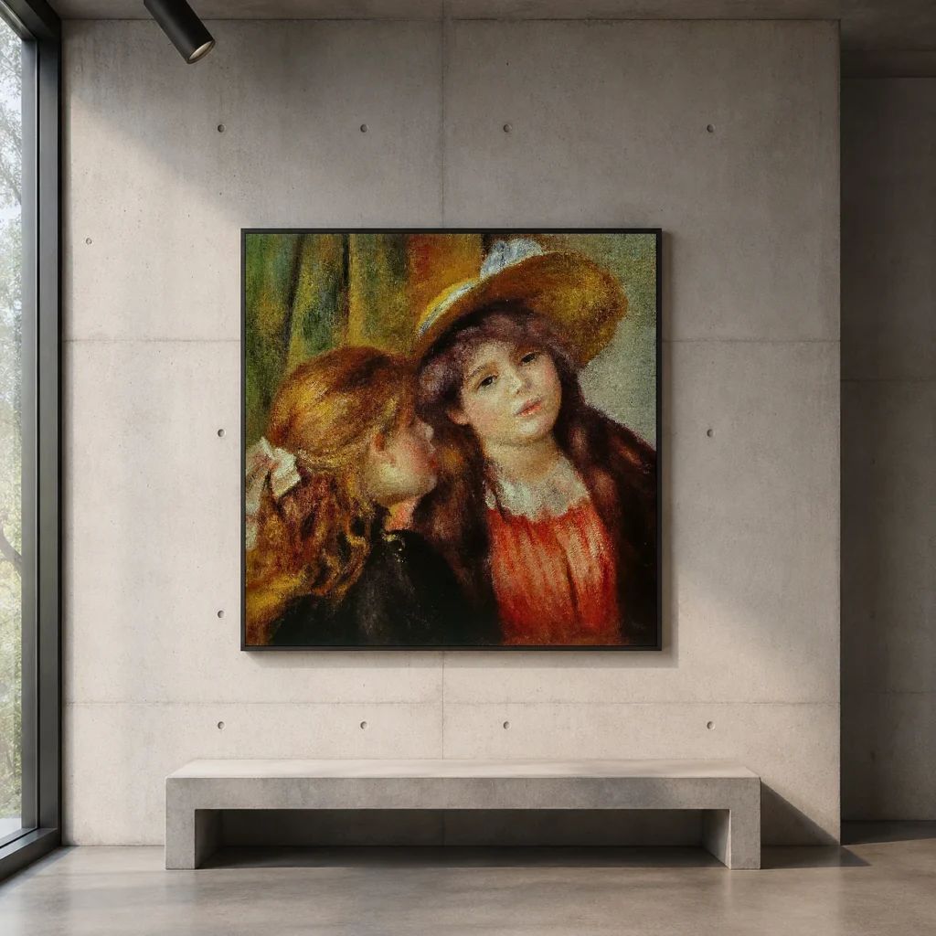 Framed print of Portrait de deux fillettes by Pierre-Auguste Renoir hanging on a wall in a furnished room