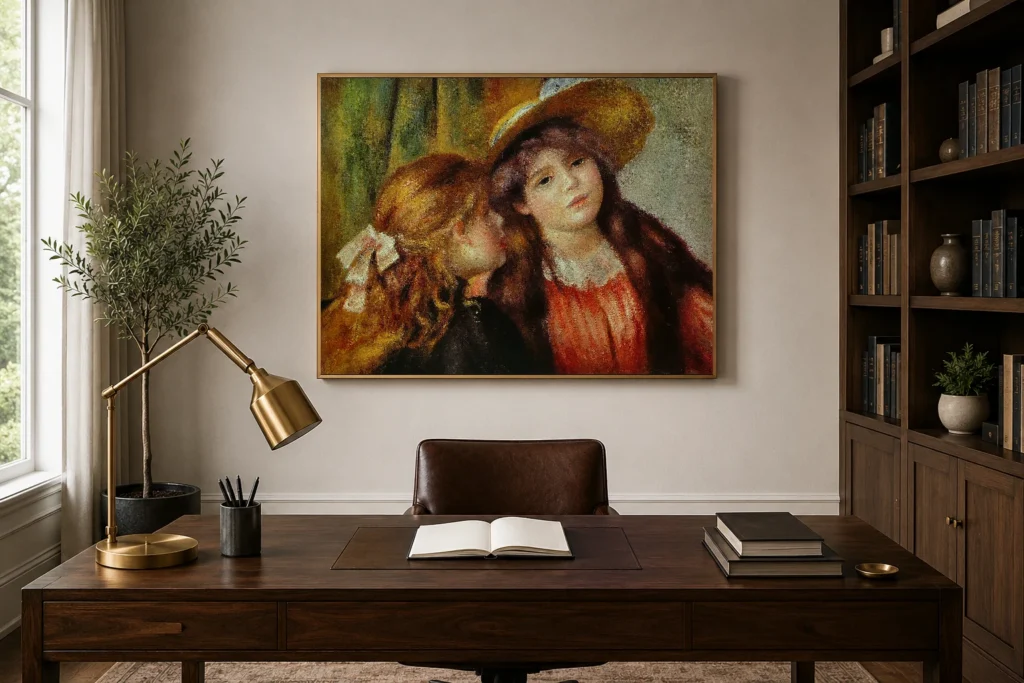 Framed print of Portrait de deux fillettes by Pierre-Auguste Renoir hanging on a wall in a furnished room