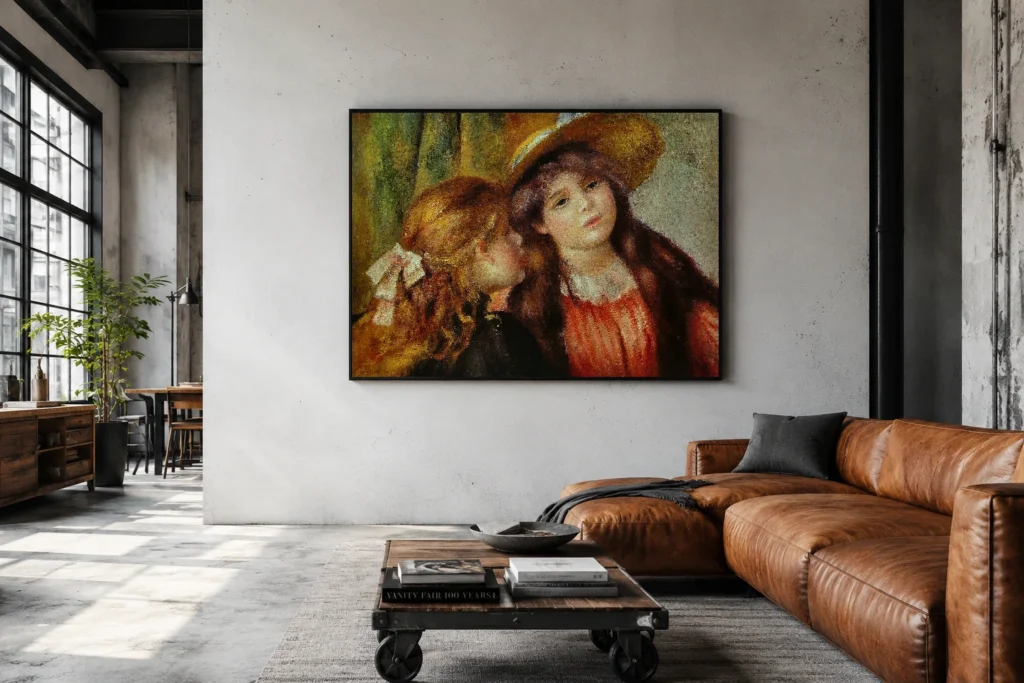 Framed print of Portrait de deux fillettes by Pierre-Auguste Renoir hanging on a wall in a furnished room