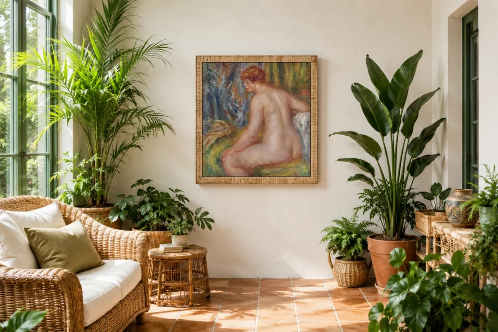 Framed print of Seated Bather hanging on a wall in a furnished room