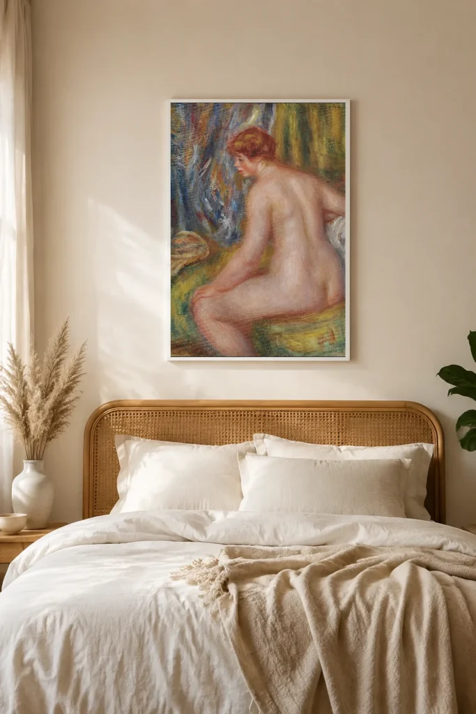Framed print of Seated Bather hanging on a wall in a furnished room