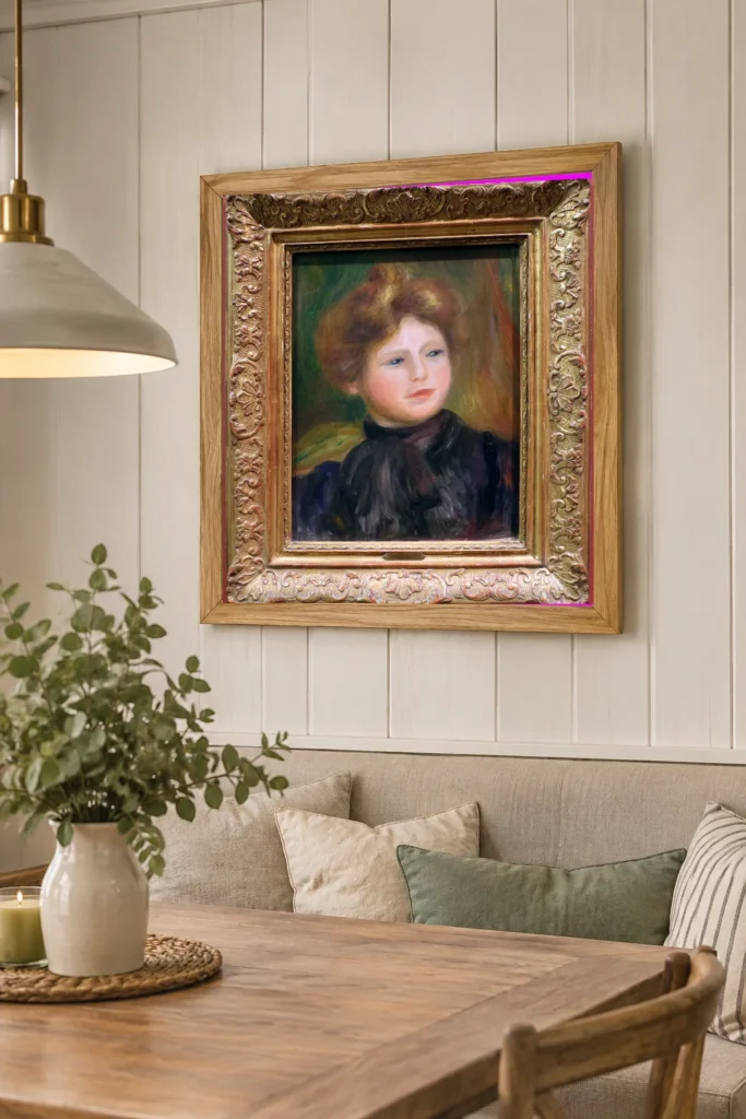 Framed print of Portrait of a Woman hanging on a wall in a furnished room