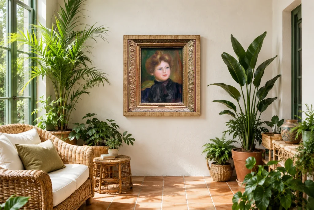 Framed print of Portrait of a Woman hanging on a wall in a furnished room