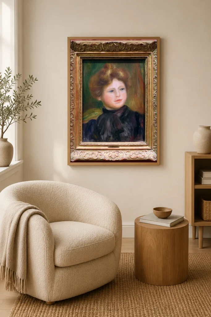 Framed print of Portrait of a Woman hanging on a wall in a furnished room