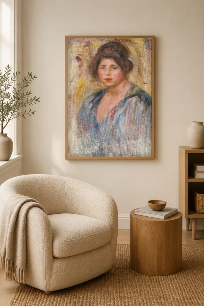 Framed print of Portrait of a Woman (Gabrielle Renard) hanging on a wall in a furnished room