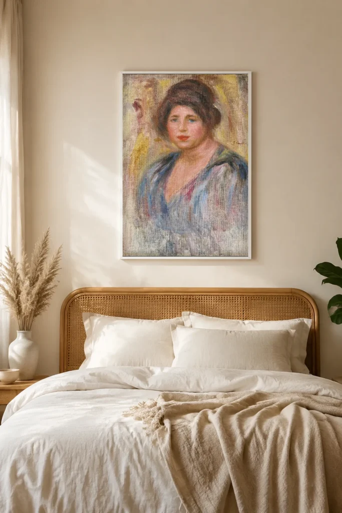 Framed print of Portrait of a Woman (Gabrielle Renard) hanging on a wall in a furnished room