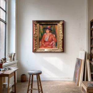Framed print of Portrait of a Seated Woman hanging on a wall in a furnished room