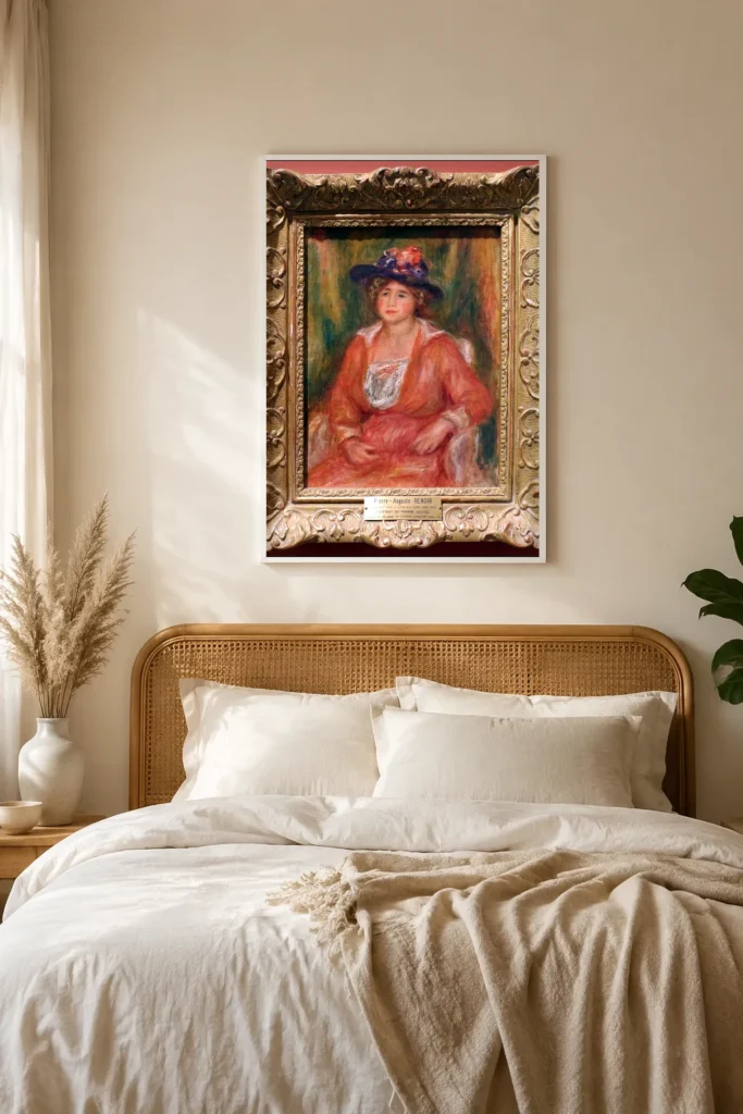 Framed print of Portrait of a Seated Woman hanging on a wall in a furnished room