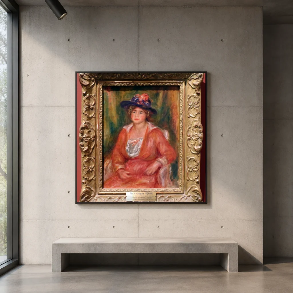 Framed print of Portrait of a Seated Woman hanging on a wall in a furnished room
