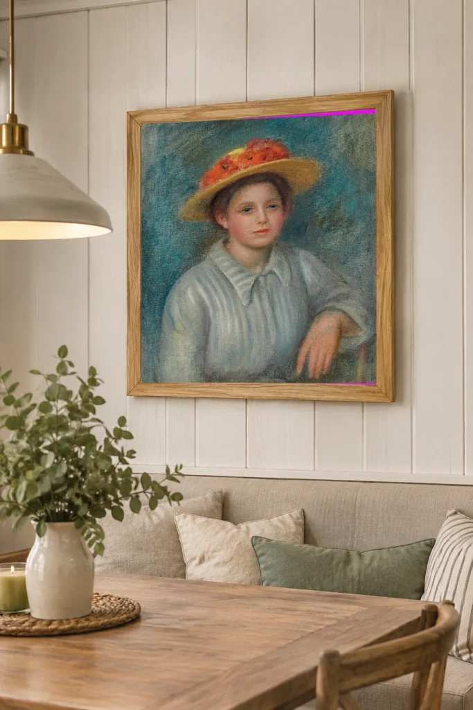Framed print of Portrait of a Woman with a Flowered Hat hanging on a wall in a furnished room