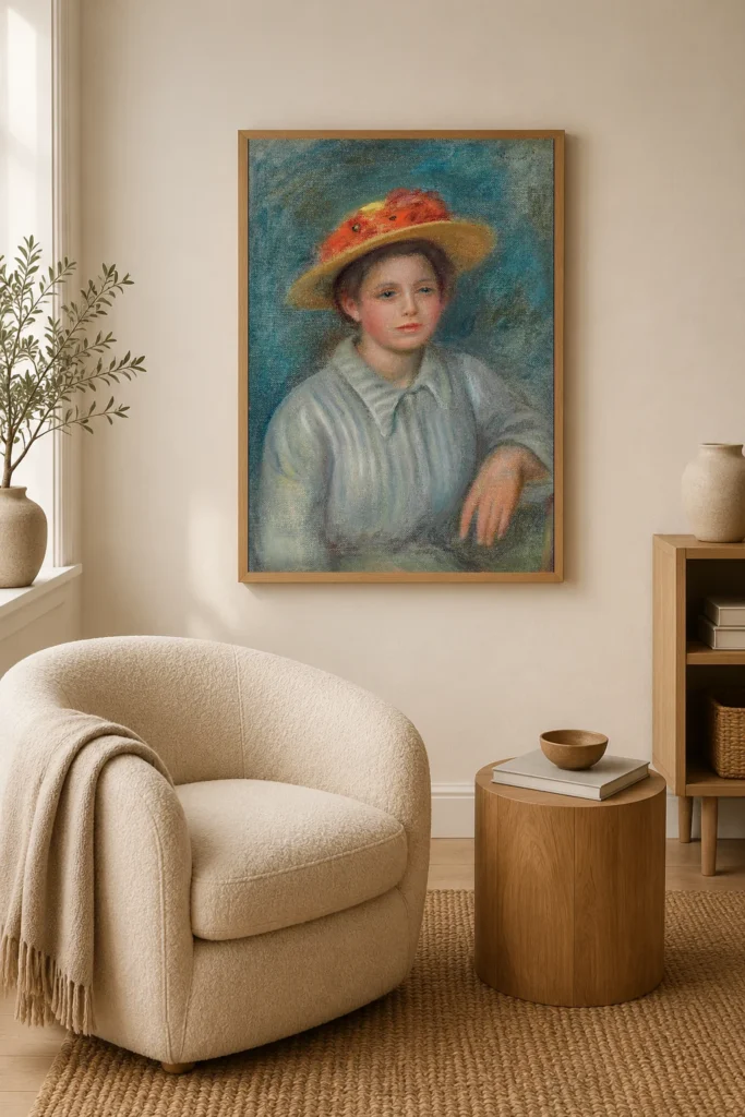 Framed print of Portrait of a Woman with a Flowered Hat hanging on a wall in a furnished room