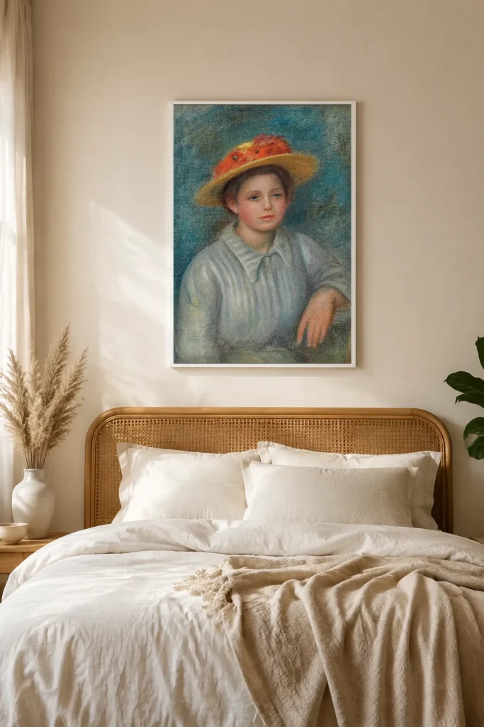 Framed print of Portrait of a Woman with a Flowered Hat hanging on a wall in a furnished room