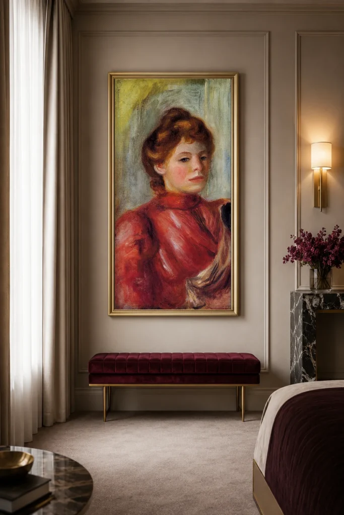 Framed print of Portrait of a Brunette Woman in a Red Dress hanging on a wall in a furnished room