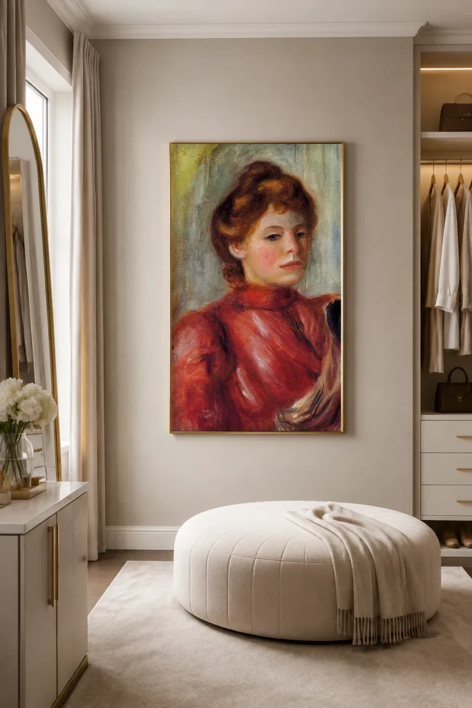 Framed print of Portrait of a Brunette Woman in a Red Dress hanging on a wall in a furnished room