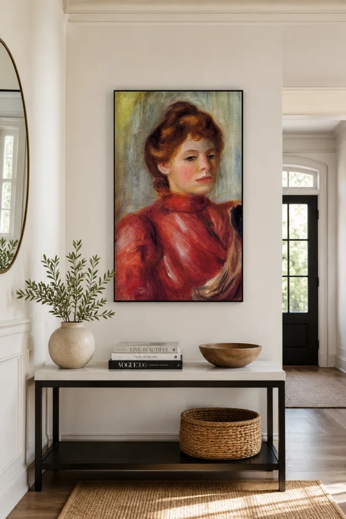 Framed print of Portrait of a Brunette Woman in a Red Dress hanging on a wall in a furnished room