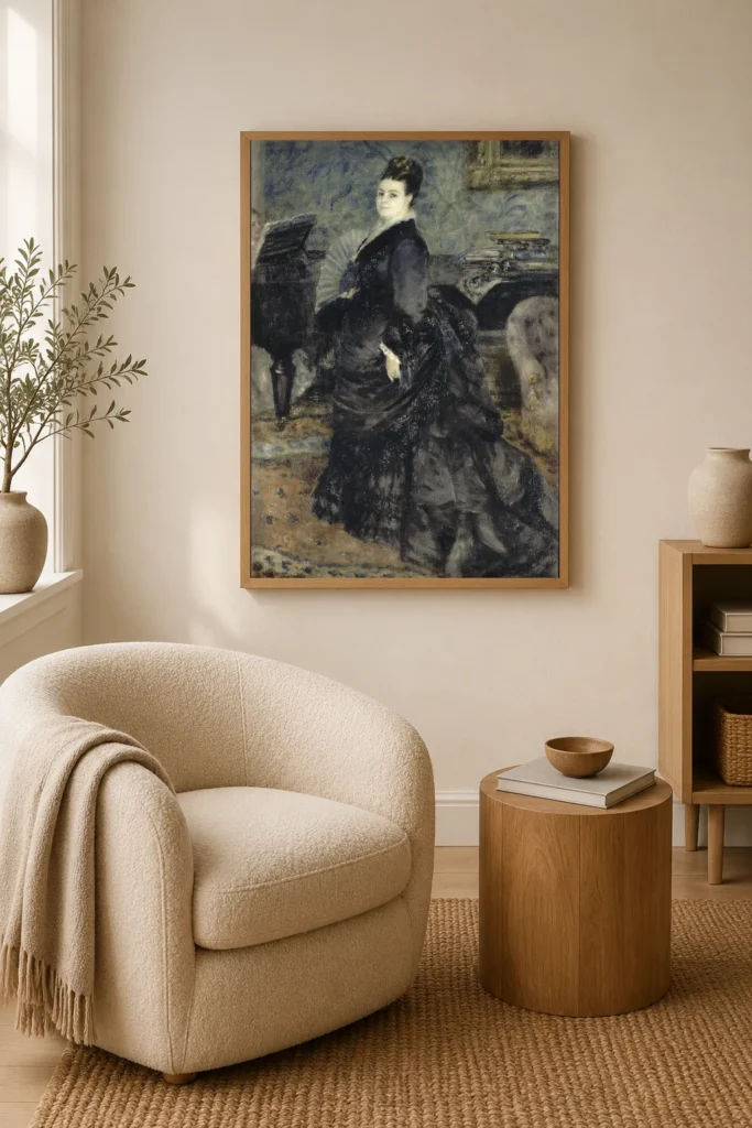 Framed print of Portrait de femme, dit de Mme Georges Hartmann hanging on a wall in a furnished room