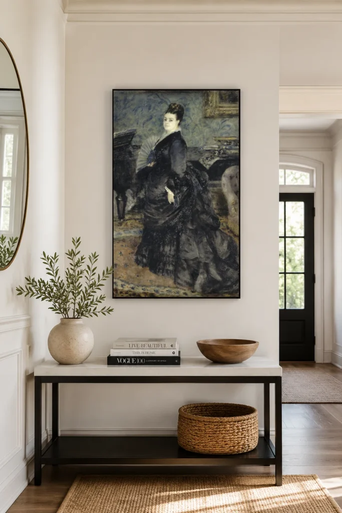Framed print of Portrait de femme, dit de Mme Georges Hartmann hanging on a wall in a furnished room