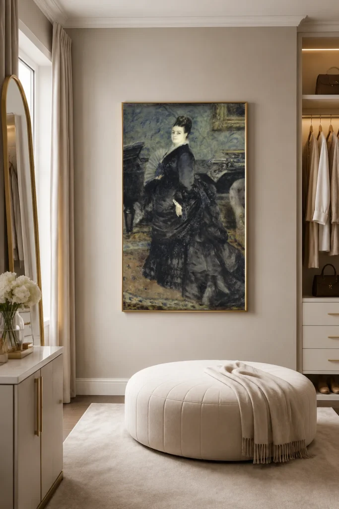 Framed print of Portrait de femme, dit de Mme Georges Hartmann hanging on a wall in a furnished room