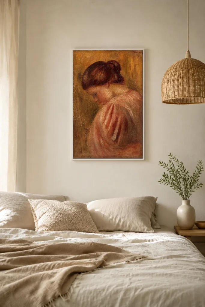 Framed print of Portrait of a Young Woman in Red hanging on a wall in a furnished room