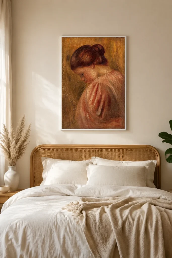 Framed print of Portrait of a Young Woman in Red hanging on a wall in a furnished room