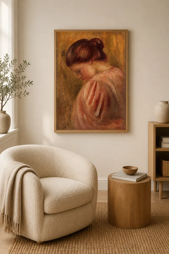 Framed print of Portrait of a Young Woman in Red hanging on a wall in a furnished room