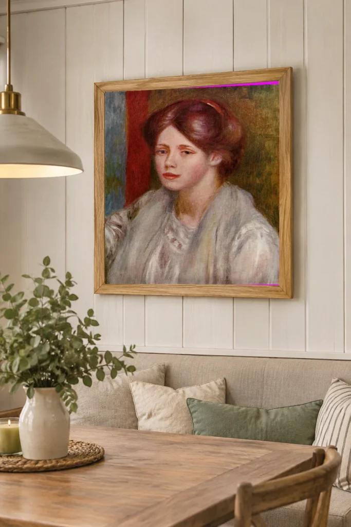 Framed print of Portrait of a Young Woman with a Stole hanging on a wall in a furnished room