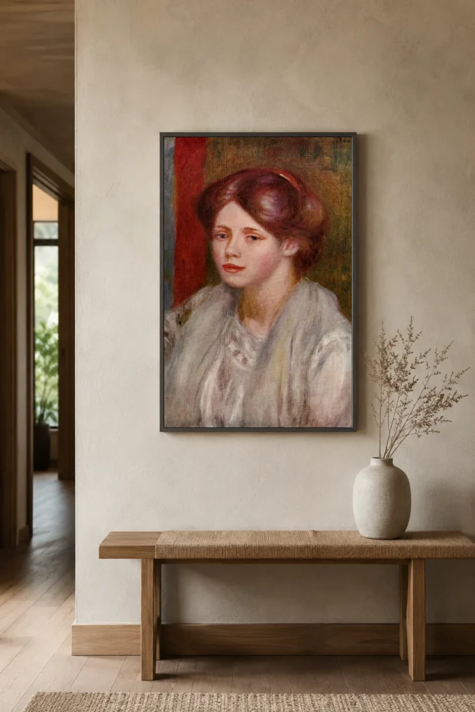 Framed print of Portrait of a Young Woman with a Stole hanging on a wall in a furnished room