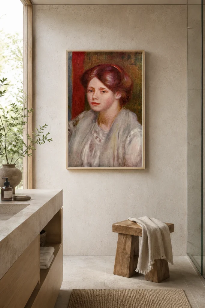 Framed print of Portrait of a Young Woman with a Stole hanging on a wall in a furnished room