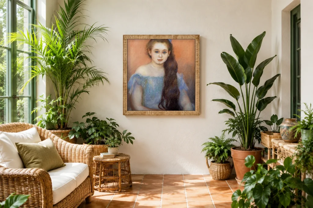 Framed print of Portrait of a Young Girl in a Dress and Light Blue Bow hanging on a wall in a furnished room